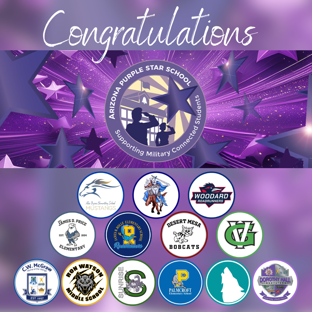 A purple graphic featuring the word 'Congratulations' and a Purple Star School logo surrounded by various school crests.